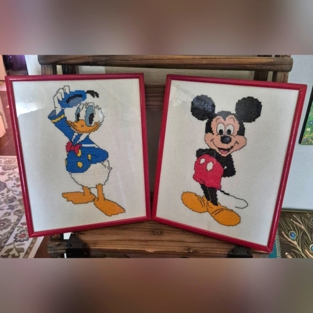 Vintage Disney Mickey Mouse & Donald Duck Cross Stitch Framed Art Set Retro